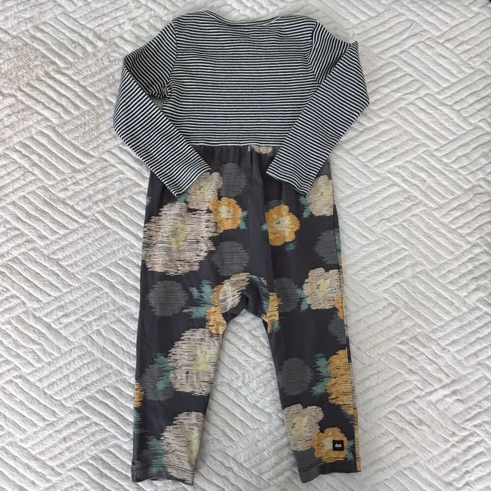 Tea Collection Baby Size 18-24M Striped Impressionist Roses Print Romper Cotton